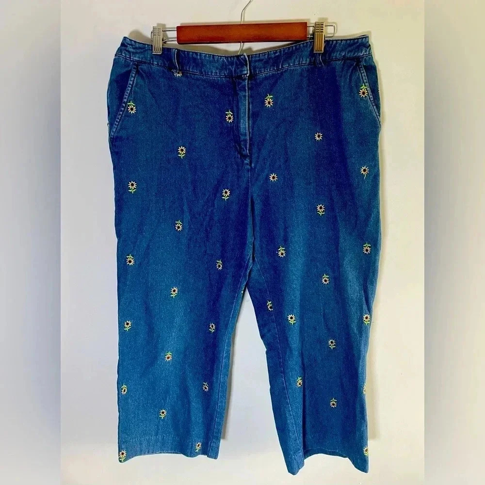 Briggs VINTAGE Embroidered blue Sunflowers cropped/capri jean pants‎ 16 90s 0075